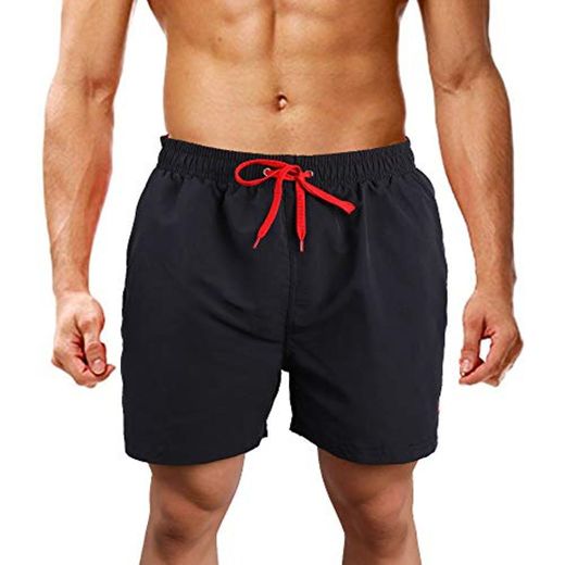 LK LEKUNI Bañador Hombre Pantalones de Playa con Forro con Cordón Traje de Baño Pantalón Ceñido_Negro_L