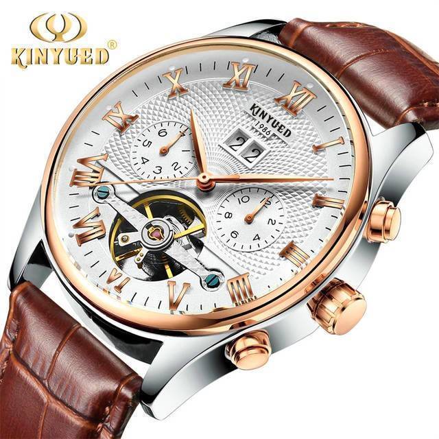 Productos Sharplace Lujo KINYUED Hombre Reloj Mecánico Automático Hueco De Cuero Genuino Accesorios