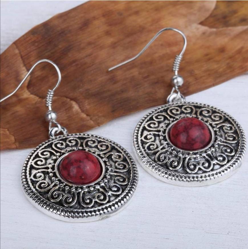 Moda Yazilind vendimia de plata tibetana redondo rojo Resina relieve cuelgan los pendientes