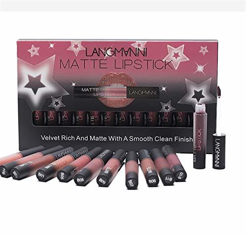 Social 12pcs / Set Mate Lápiz Labial Líquido, Impermeable, Terciopelo Nutritivo, Líquido de
