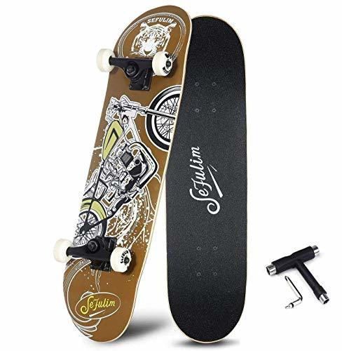 Sefulim Skull Skateboard Complete 31x8 Inches Double Kick Trick Skateboards Cruiser Penny