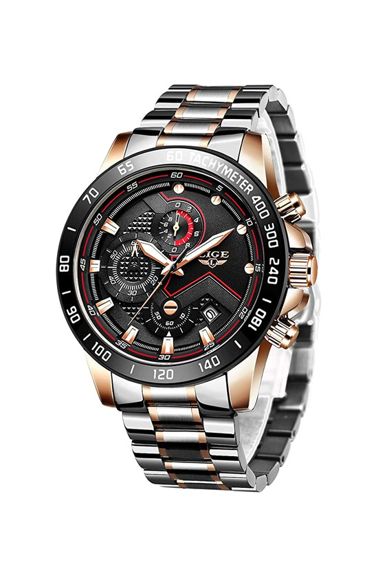 Social LIGE Relojes para Hombre Negro Acero Inoxidable Moda Reloj Deportes Impermeable Gran