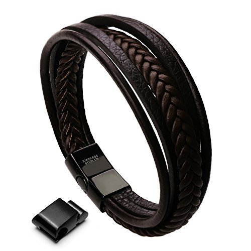 Fashion murtoo Pulsera Hombre Cuero Acero Inoxidable Cierre Magnética Negro Cuero Marrón Negro