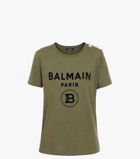 Khaki cotton T-shirt with black Balmain logo print