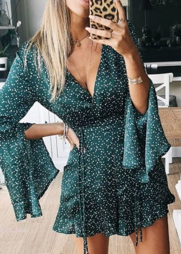 Bell Sleeve Romper in Green