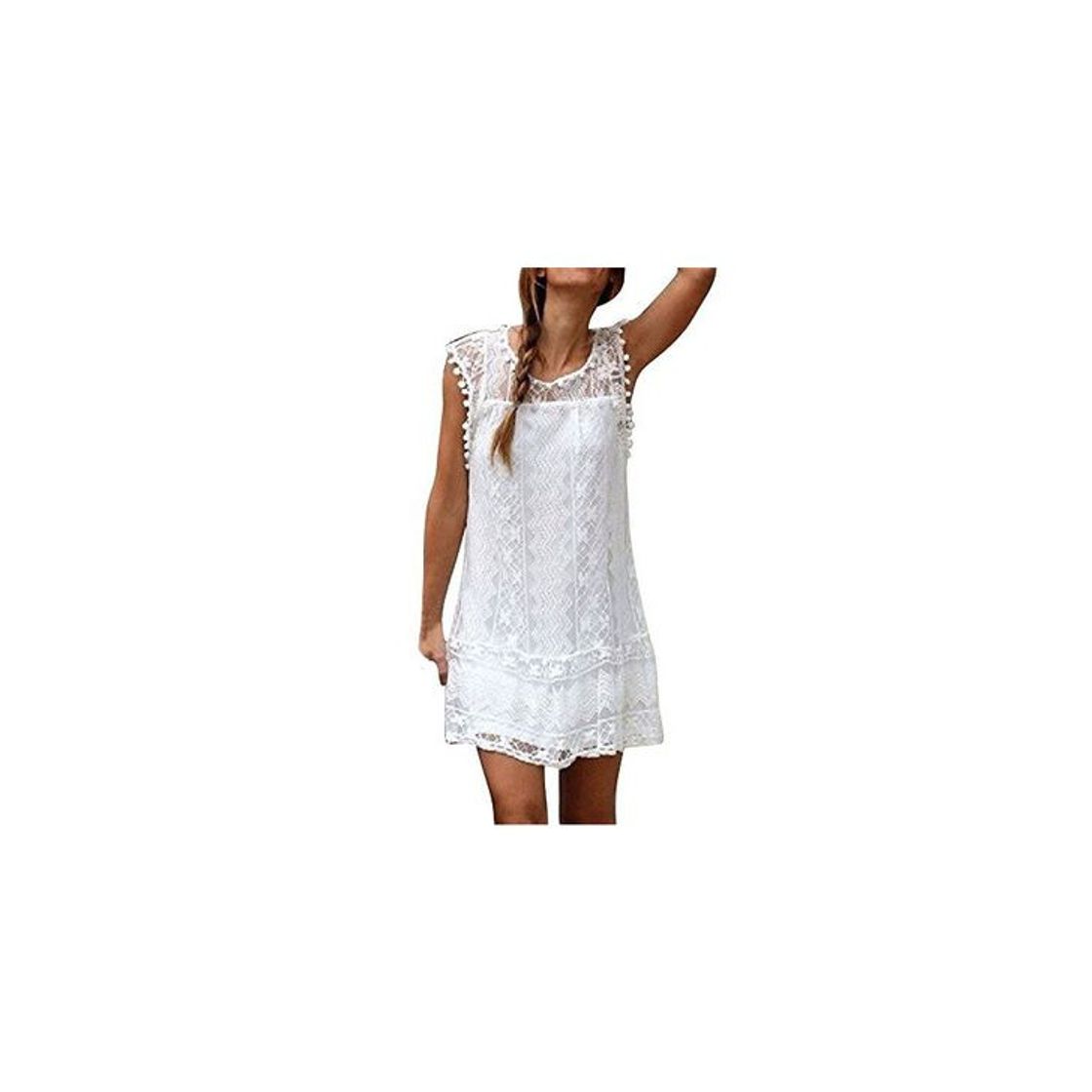 Product Vestidos Mujer Casual Encaje Sleeveless Vestido Flecos Mini Vestidos Coctel-Aobaung(Blanco