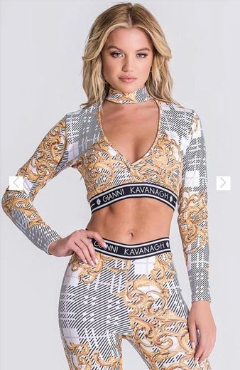 Social Gold Baroque Tartan Long Sleeve Top