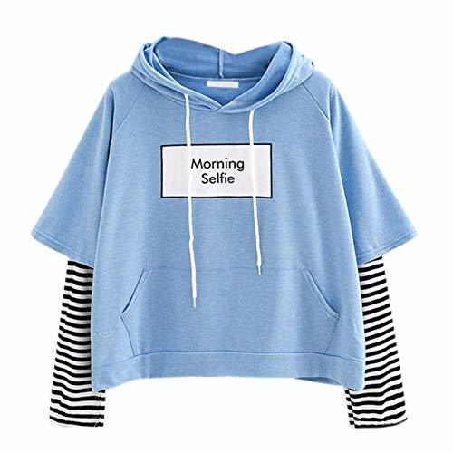 Lugares Hoodies Morning Selfie Moletom Women Striped Patchwork Hoodies Sweatshirts with Front Pocket