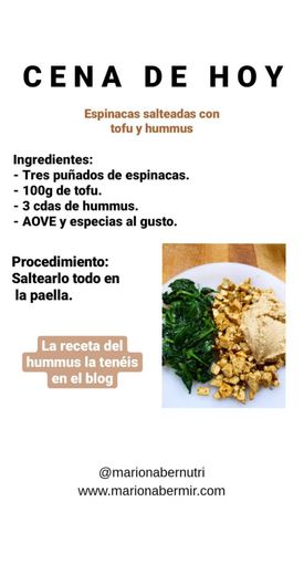 Espinacas salteadas con hummus y tofu