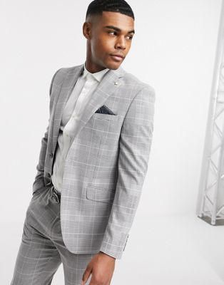 Burton Menswear slim suit jacket in grey & pink check | ASOS
