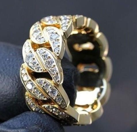 Solid 14K Yellow Gold Baby Cuban Link Ring Fully Iced Out Wi
