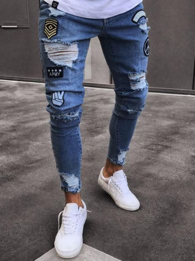 New men's skinny jeans, ripped jeans, embroidered jeans