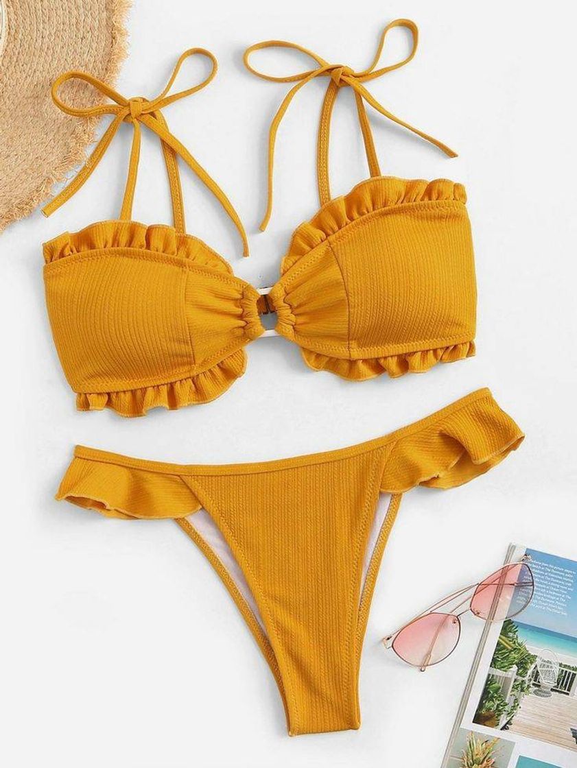 Social Top de guarnição de babados com biquíni tanga | SHEIN 