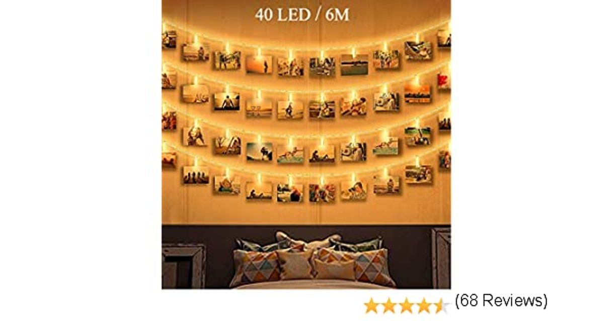 Social Zorara Clip Cadena de Luces LED, 40LEDs 6m Fotoclips Guirnalda 