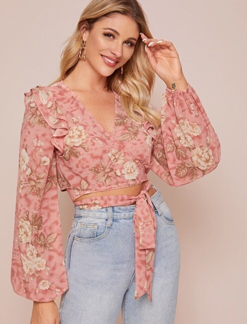 Moda Blouse cache coeur en mousseline courte a imprimé floral 