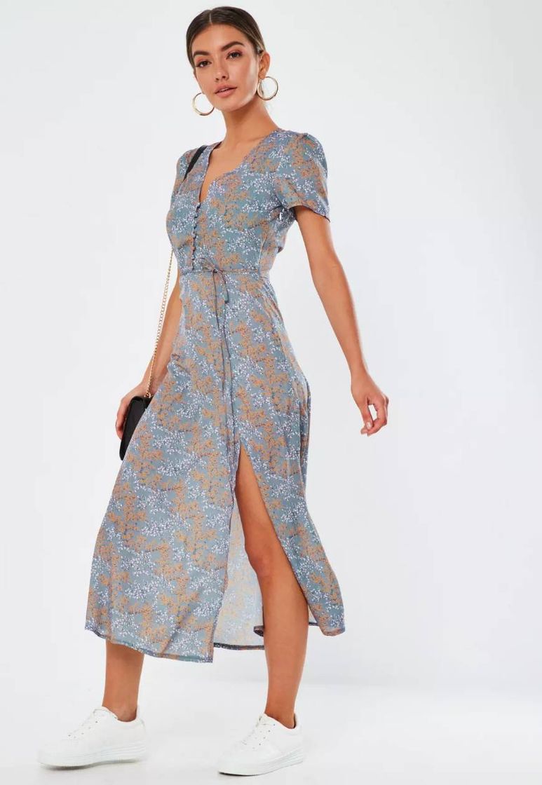 Social purple floral half button midi tea dress

