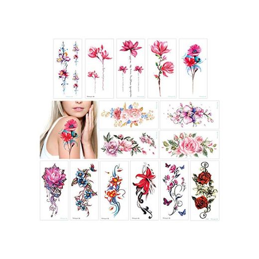 Konsait Tatuajes Temporales para Adultos Mujeres Niños, 15 grande Hojas Impermeable flor