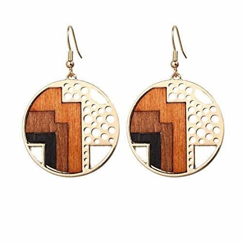 BLINGBRY Brincos Vintage Round Wood Drop Earrings para Mujer Geometric Wood Dangle