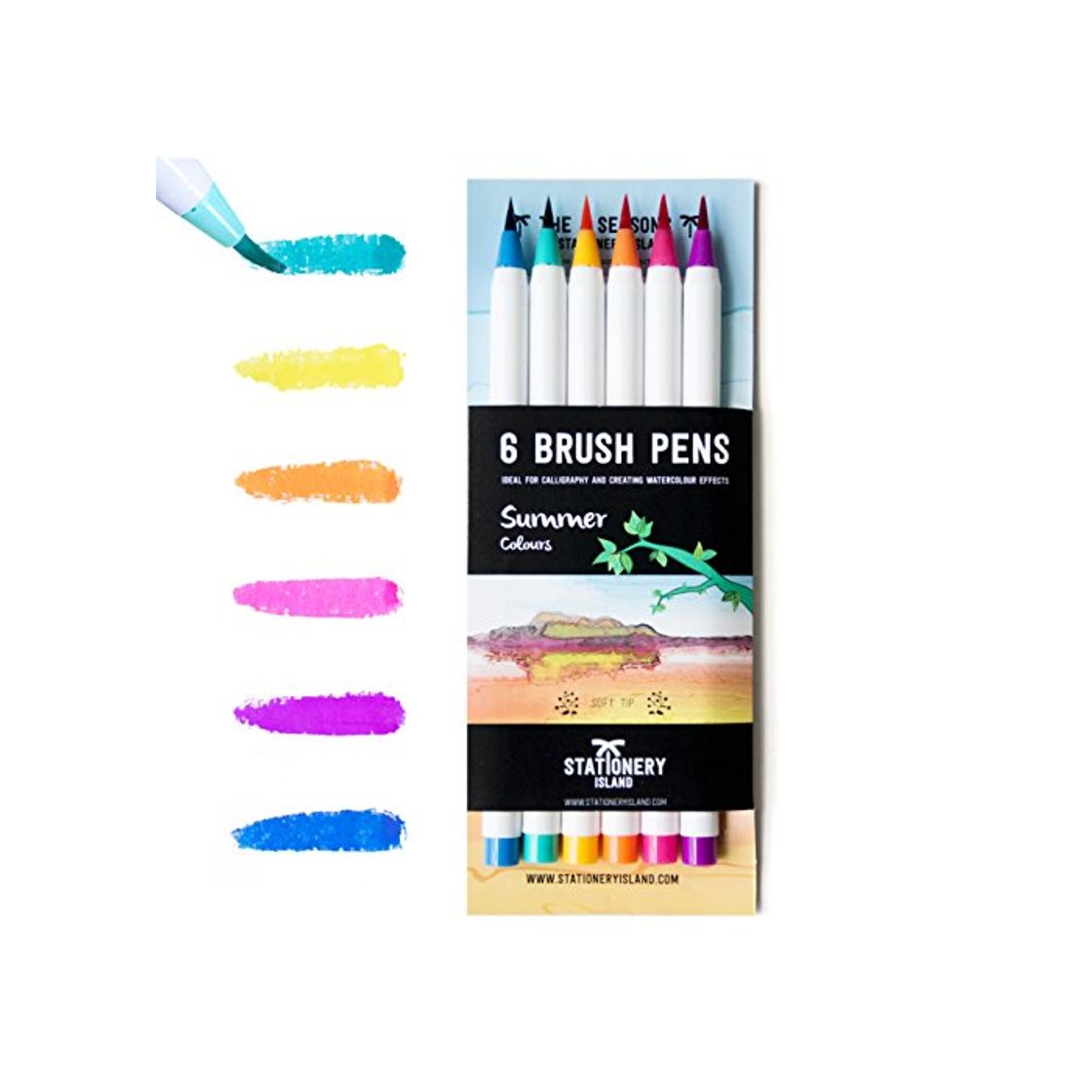 Social Stationery Island Rotuladores Pincel con Punta de Pincel Real – Rotuladores Acuarelables Colores Verano Pack de 6