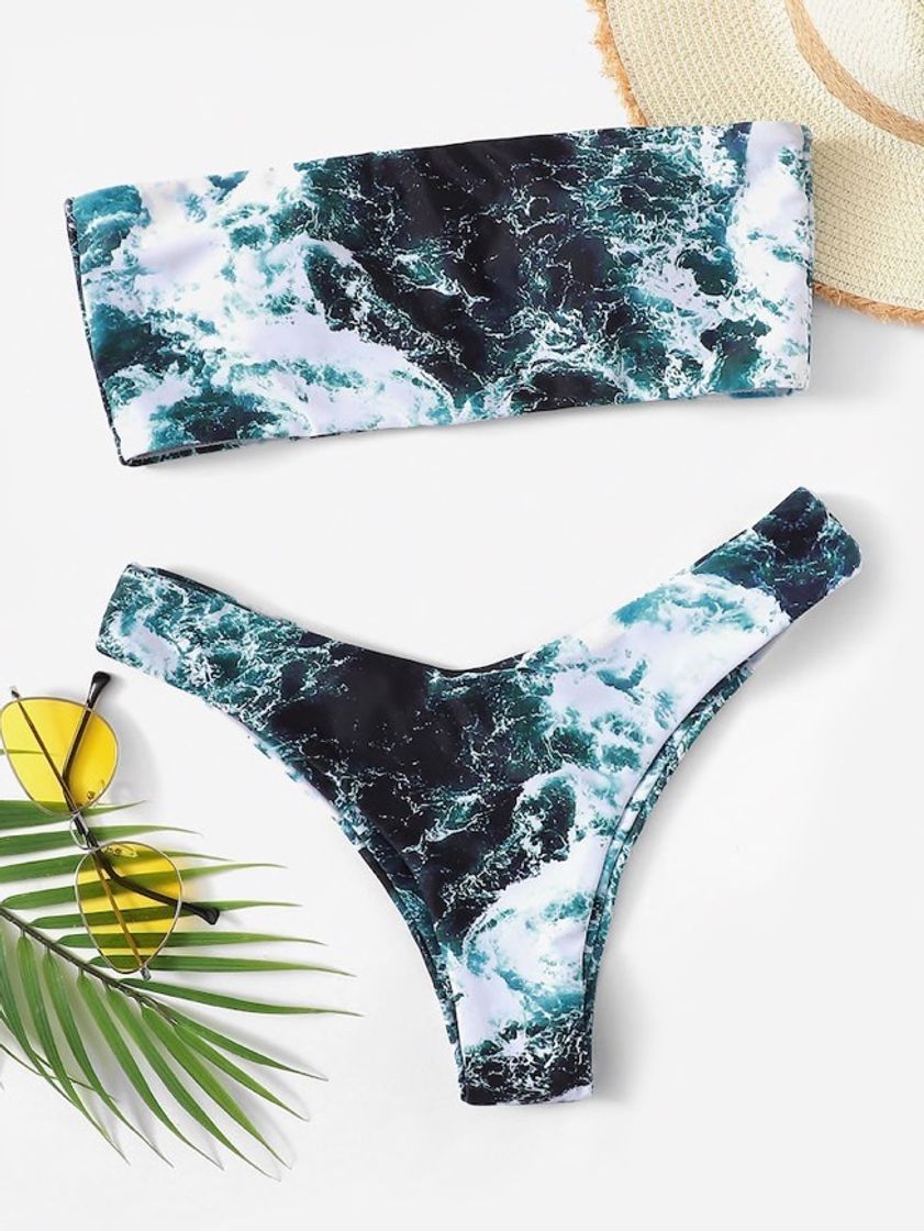 Fashion Bandeau con estampado de mármol con bikini cortado alto | SHEIN ...