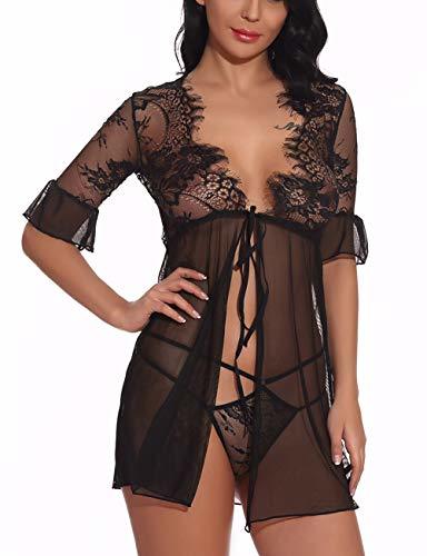 Product FeelinGirl Mujer Camisón Sexy Abierta de Encaje Flores Transparente Ropa Erótica con