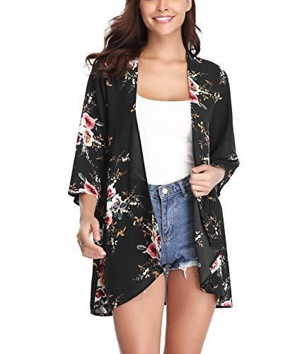 Aibrou Women's Floral Kimono Cardigans，3/4 Sleeve Tops Loose Floral Blouse Casual Boho