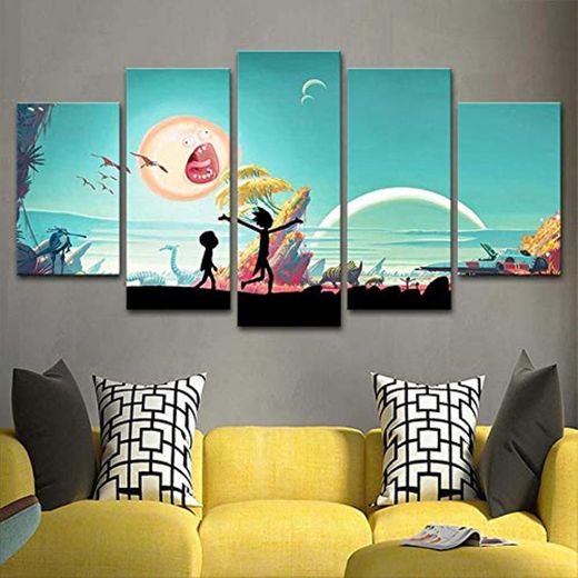 OGCBH 5 Pezzi Quadri Murali Sueña Rick Y Morty Lienzo Mural Imagen Decoración Del Hogar Sala De Estar 5 Pintura Modularhd Impresiones Poster Frame Pictures Of Home Bedroom Impresión En Lie 200x100cm