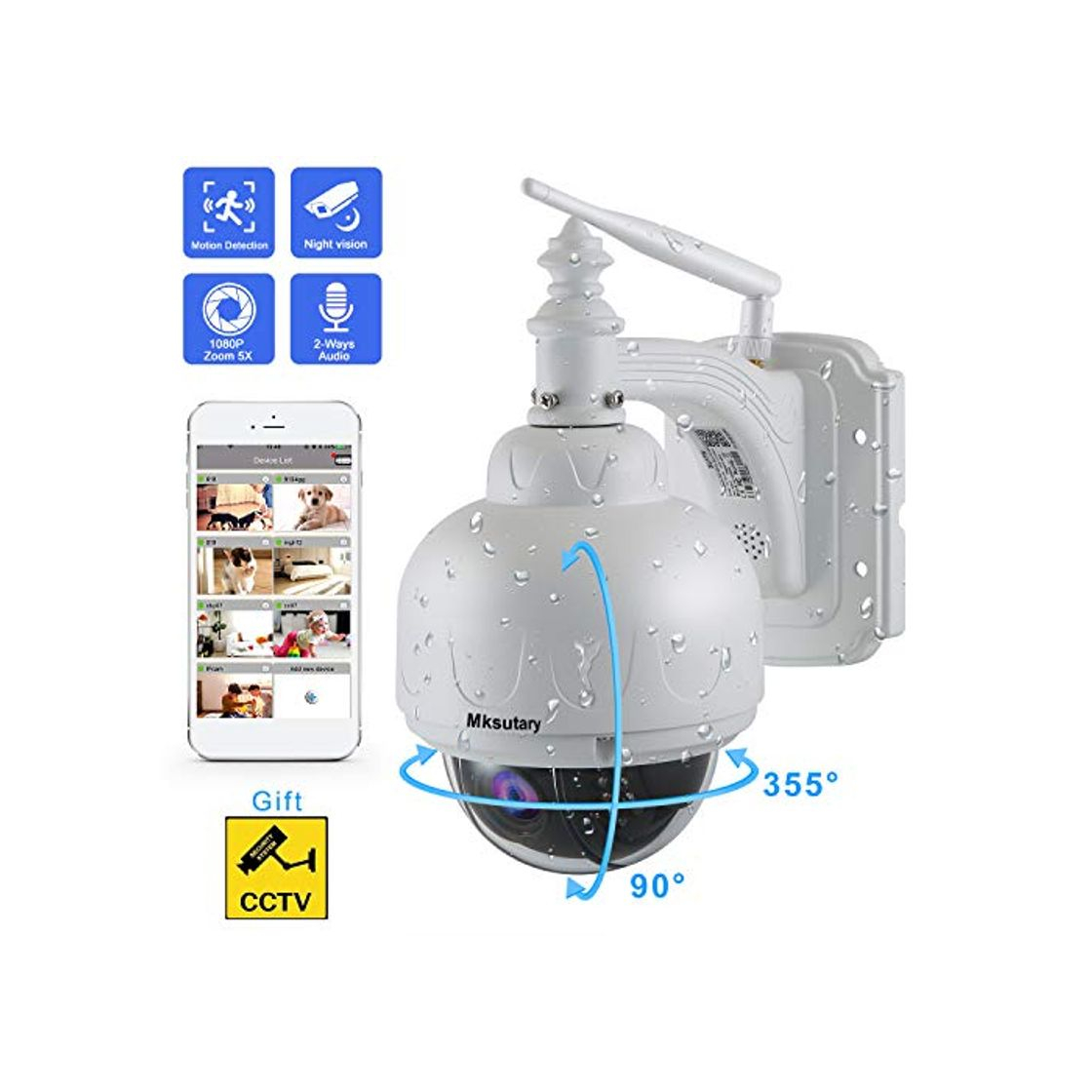 Producto Cámara IP Exterior, Camara IP WiFi 1080p, Cámara PTZ Vigilancia Exterior WiFi