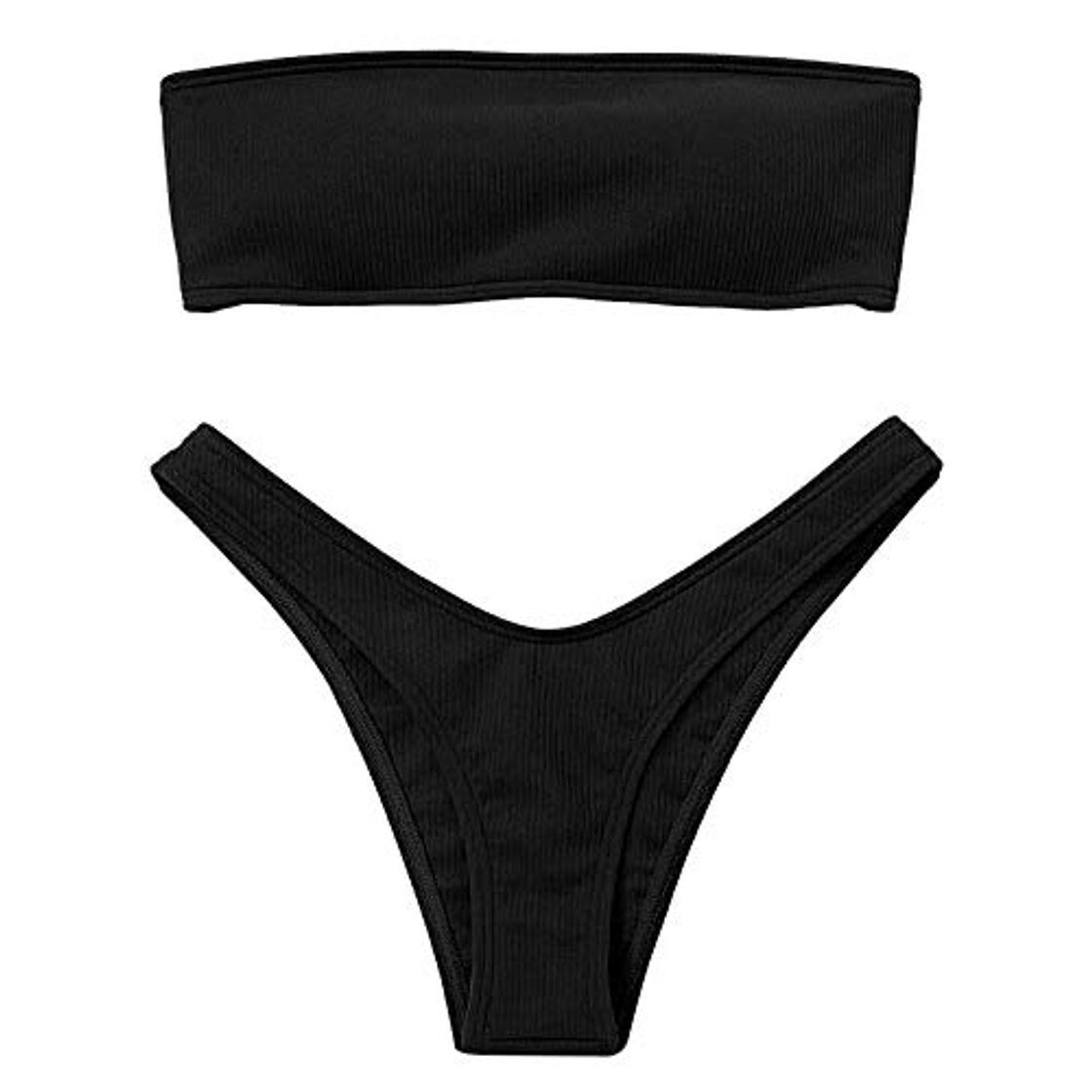 Product Voqeen Mujeres Sexy Bandeau Traje de baño Cuello Alto sin Tirantes Acanalado Cojín extraíble Conjunto de Bikini de Cintura Baja