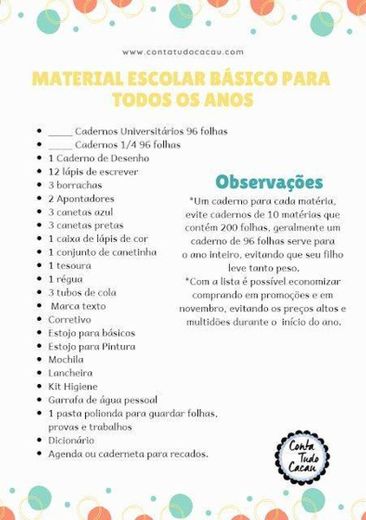 Lista de materiais escolares 💖