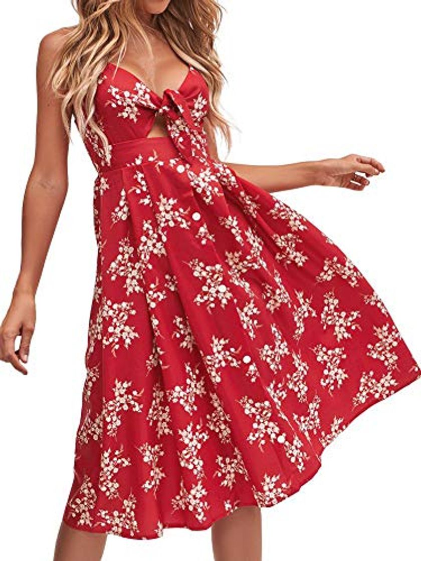 Moda FANCYINN Vestidos Mujer Verano Casual Fiesta Media Pierna Bandage Floral Vestidos Midi Mujer