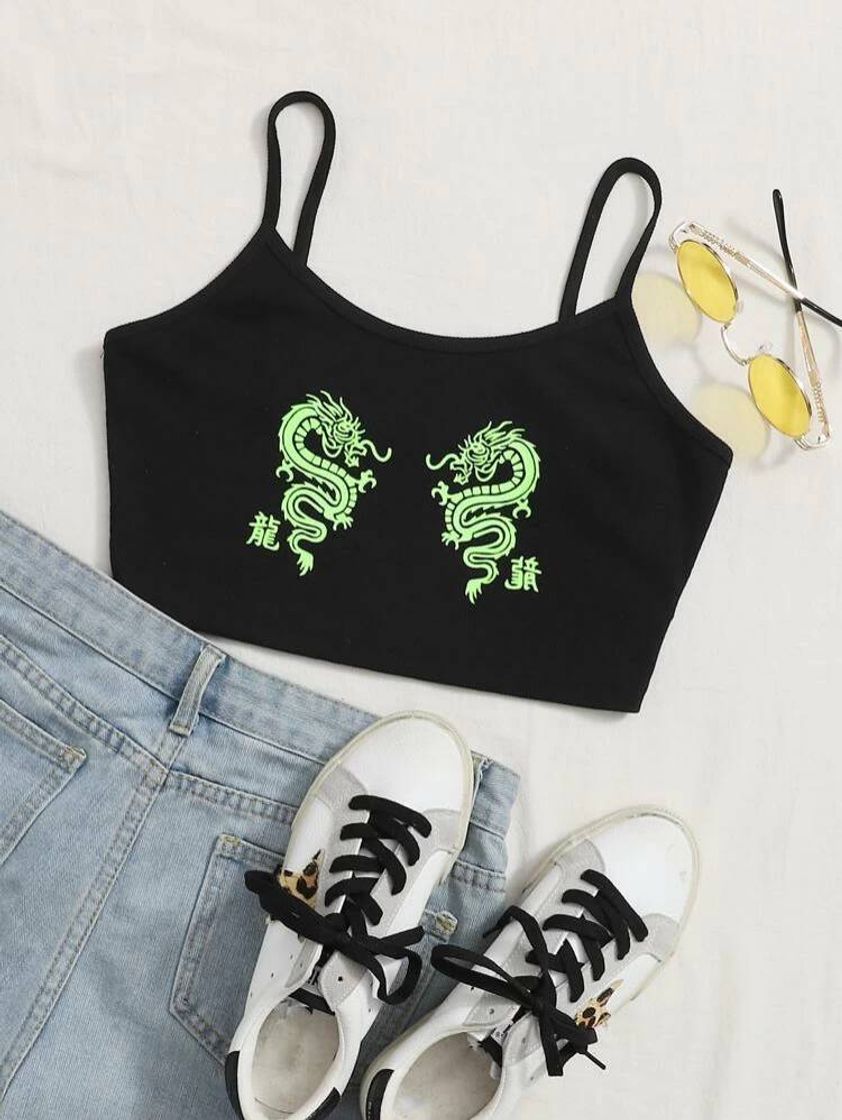 Fashion Cami com costura em malha com nervuras Dragon Graphic