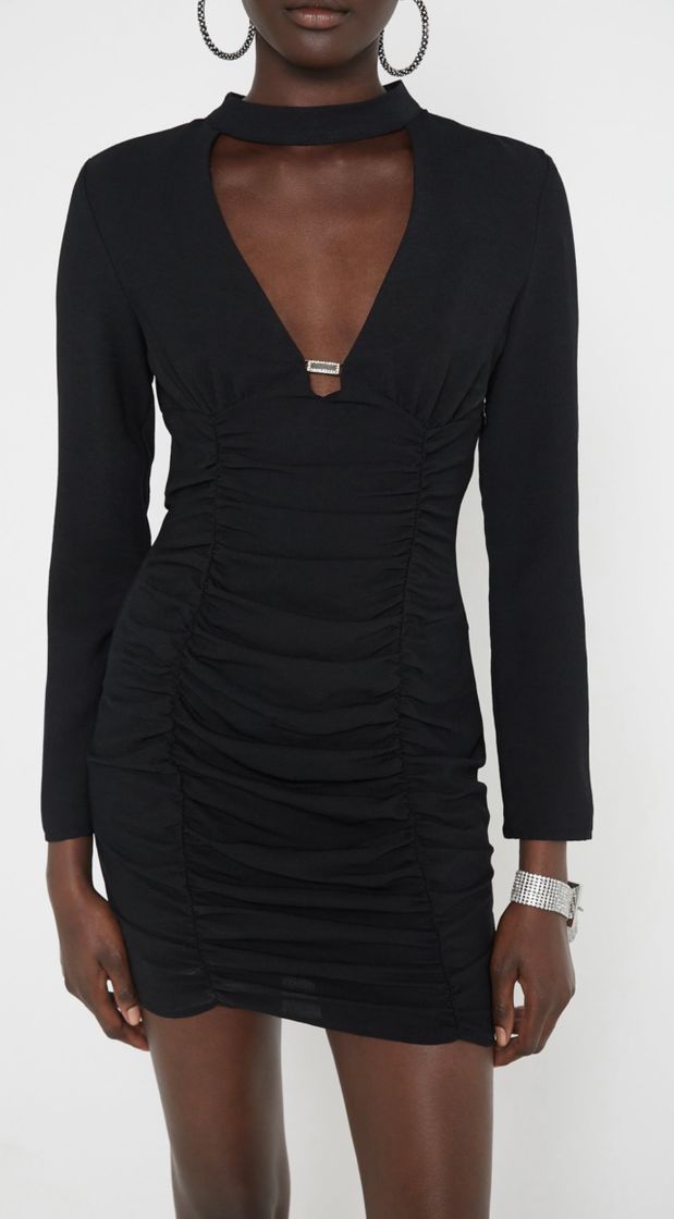 Moda DRAPED JEWEL TRIM NECKLINE DRESS - Black