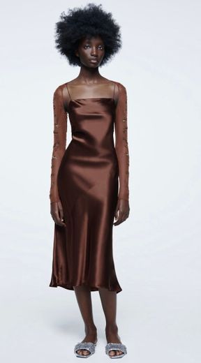 LONG SILK DRESS - Brown