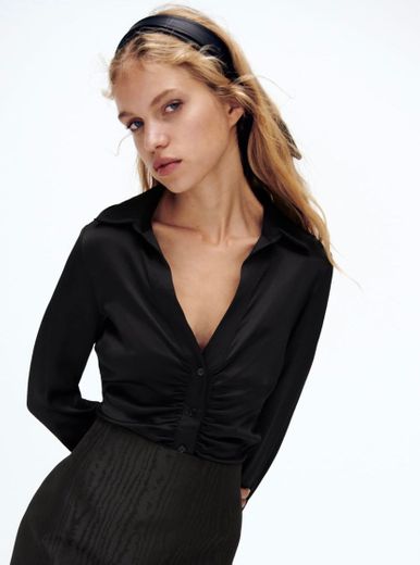 FITTED SATIN EFFECT SHIRT - Black