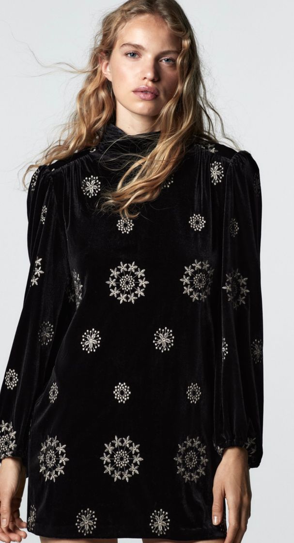 Fashion EMBROIDERED VELVET DRESS - Black