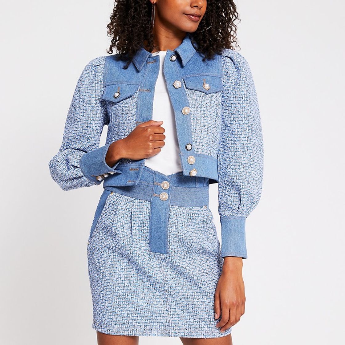 Fashion Blue cropped boucle mix denim jacket