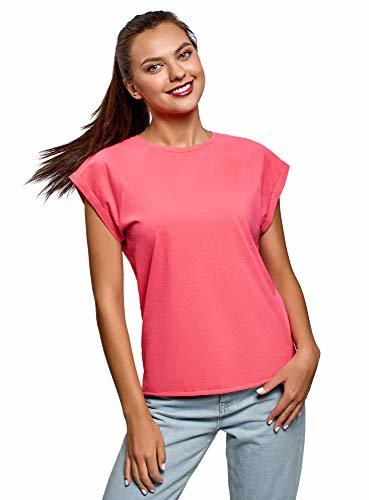 Lugares oodji Ultra Mujer Camiseta Básica de Algodón con Borde No Elaborado, Rosa,