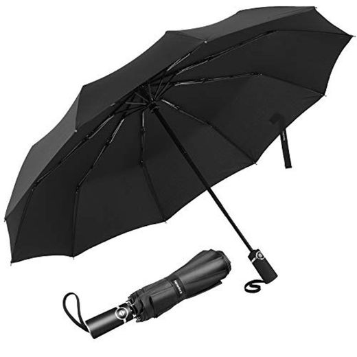 Newdora Paraguas Plegable Automático Negro Impermeable 10 Armazones de Metal Compacto Resistencia