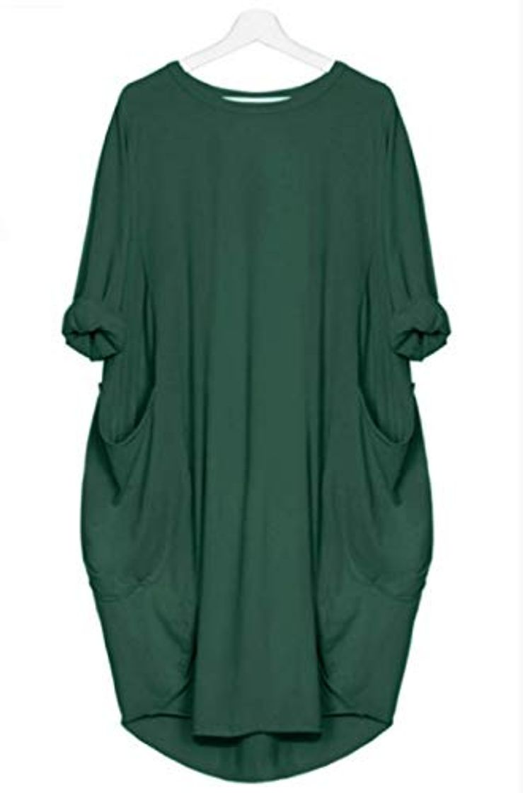 Products Vestido Holgado Casual para Mujer Bolsillos con Cuello Redondo Vestidos A Media Pierna De Color Sólido 2Xlverde