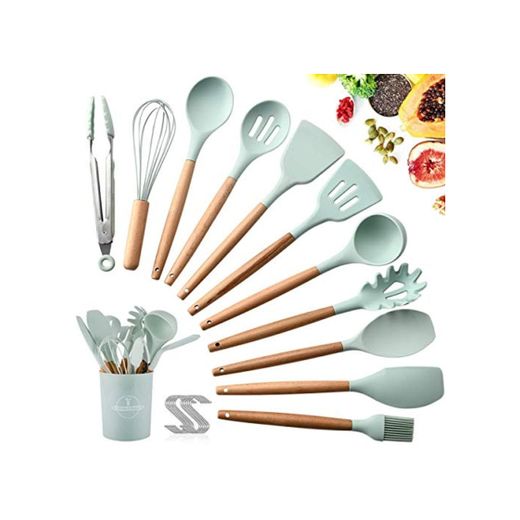 SaiXuan Utensilios Cocina de Silicona,Antiadherente con Mango de Madera para Utensilios,No Tóxicas