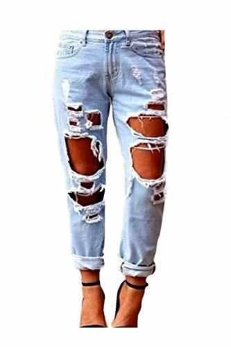 Zonsaoja Mujer Vaqueros Agujero Rotos Casual Suelto Denim Pantalones Jeans Lightblue XL