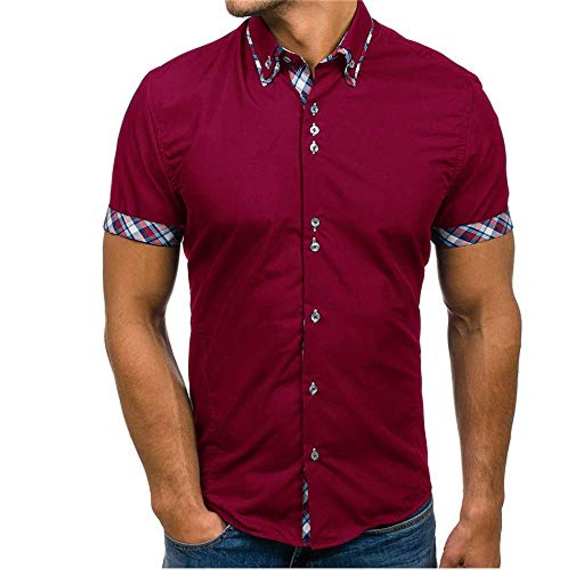 Social JINYAUN Slim Fit Camisa Masculina Moda Hombre Business Patchwork Botón Casual Plaid Manga Corta Top Blusa cómoda Vino Tinto M