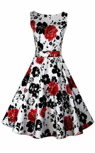 Vestido branco com flores pretas e vermelhas 