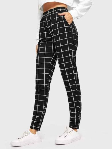 Elastic Waist Slant Pocket Grid Pants 