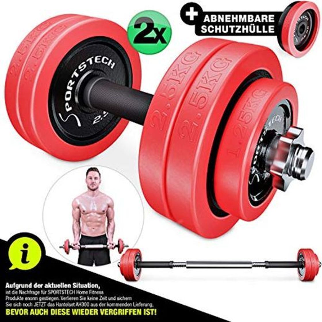 Social Sportstech Juego de Mancuernas 2en1 AH300 con Recubrimiento de Silicona y Barra