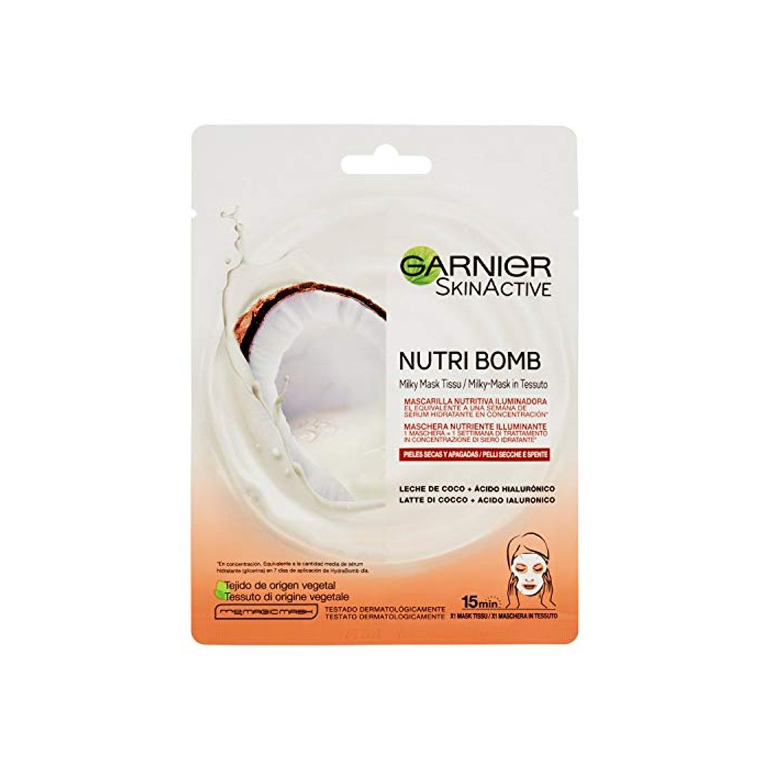 Product Garnier Skin Active Nutri Bomb Milky Mask Tissu Iluminadora Mascarilla de Tejido con Leche de Coco y Ácido Hialurónico para Pieles Secas y Apagadas 36 g