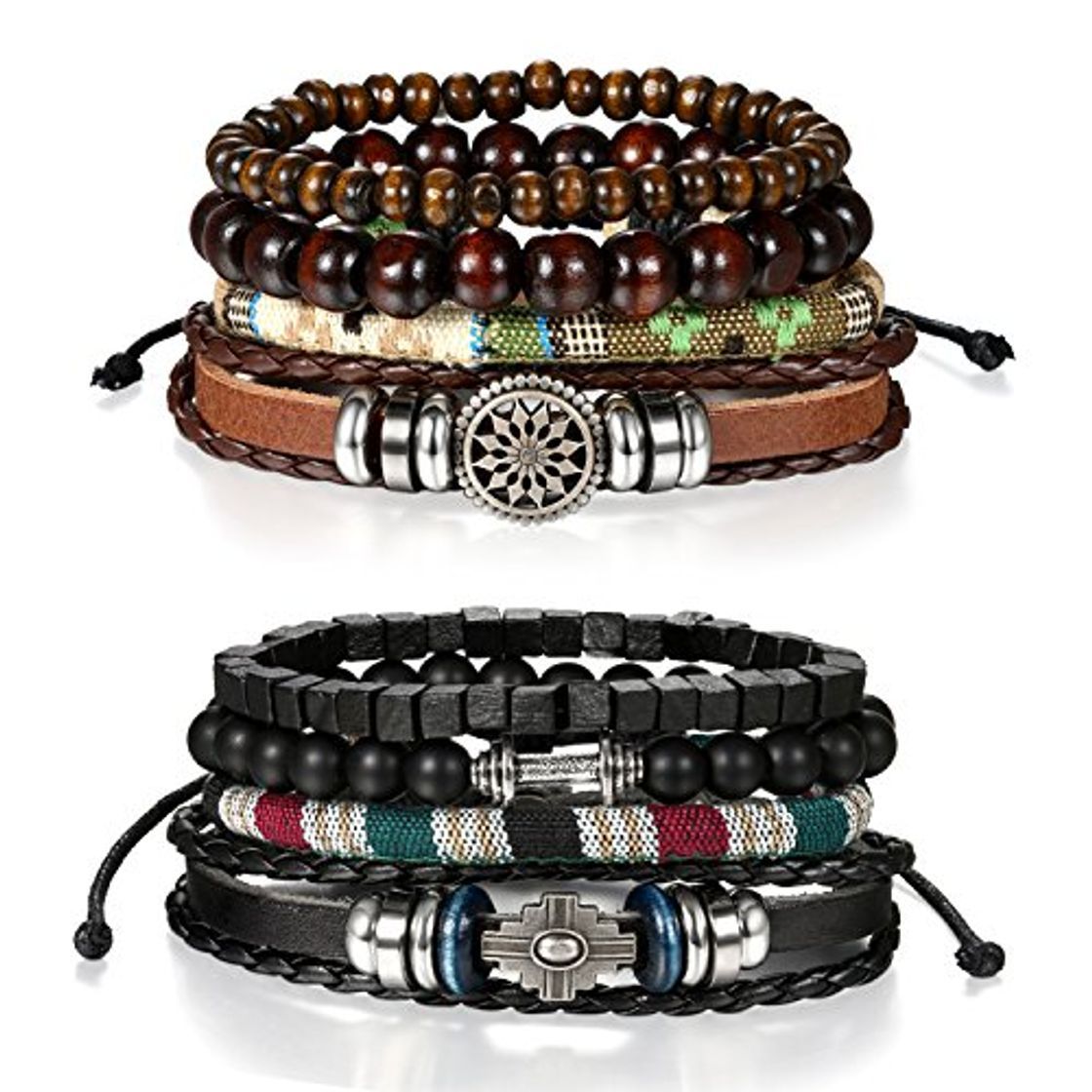 Products Pulseras Piel Hombre 8 Pcs Punk Rock Estilo Trenzado Ajustable Hecha a Mano Brazalete Cordón Regalo Navidad San Valentin Color marrón negro