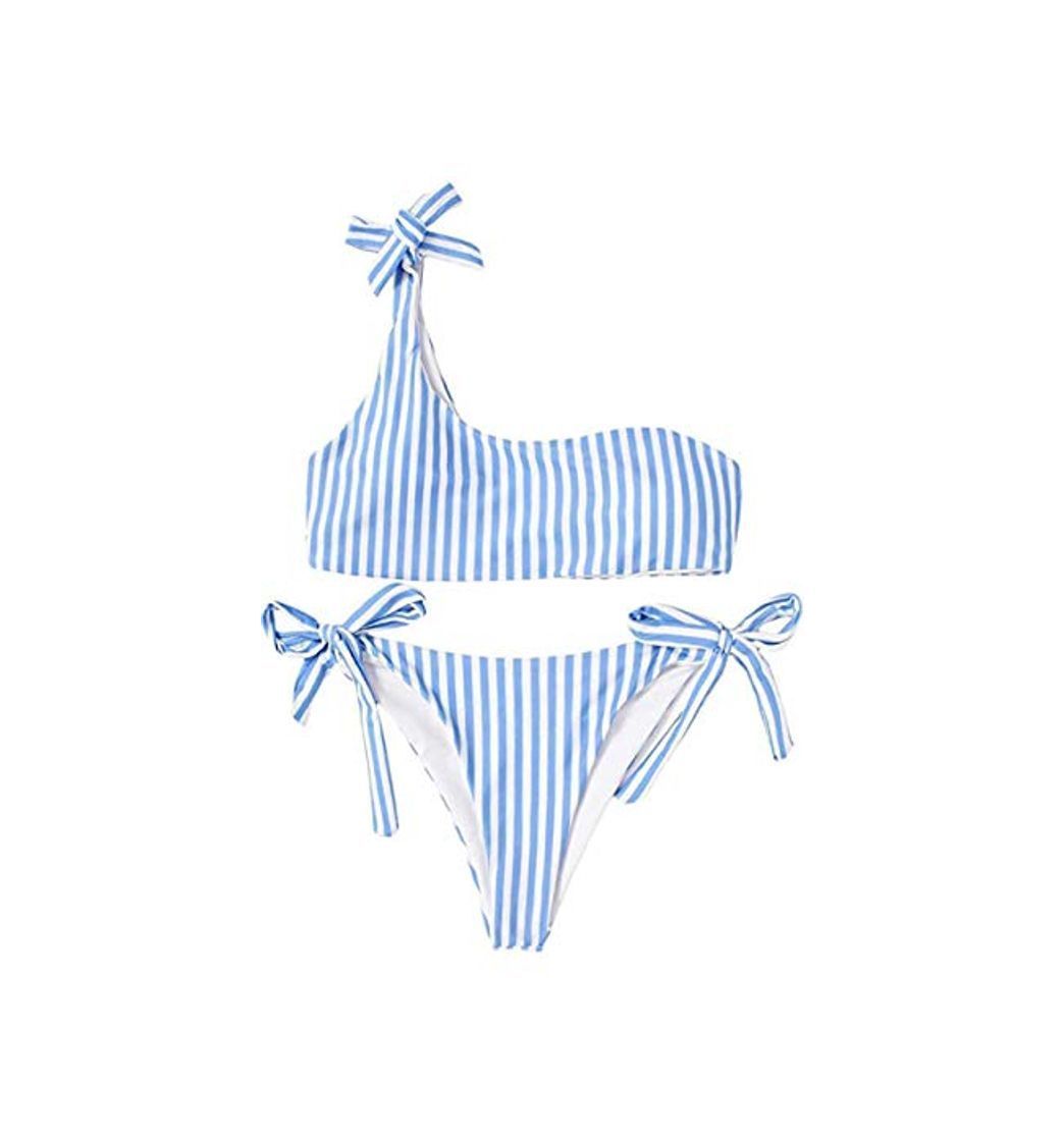 Social JFan Mujer Conjuntos de Bikini Rayas con Un Hombro Traje de Baño Estampado Anudado Tiras Tanga Braga Bikini Lado Anudado Bañador Atractivo de Dos Piezas