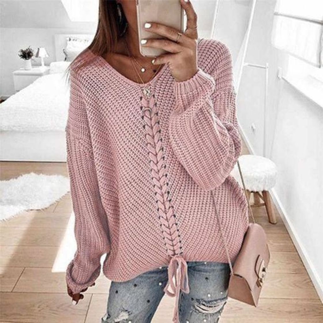 Social SPI suéteres femeninos para mujer Roupas Femininas color sólido base suéter cuello en V manga larga con botones acanalados sueltos Verde verde M